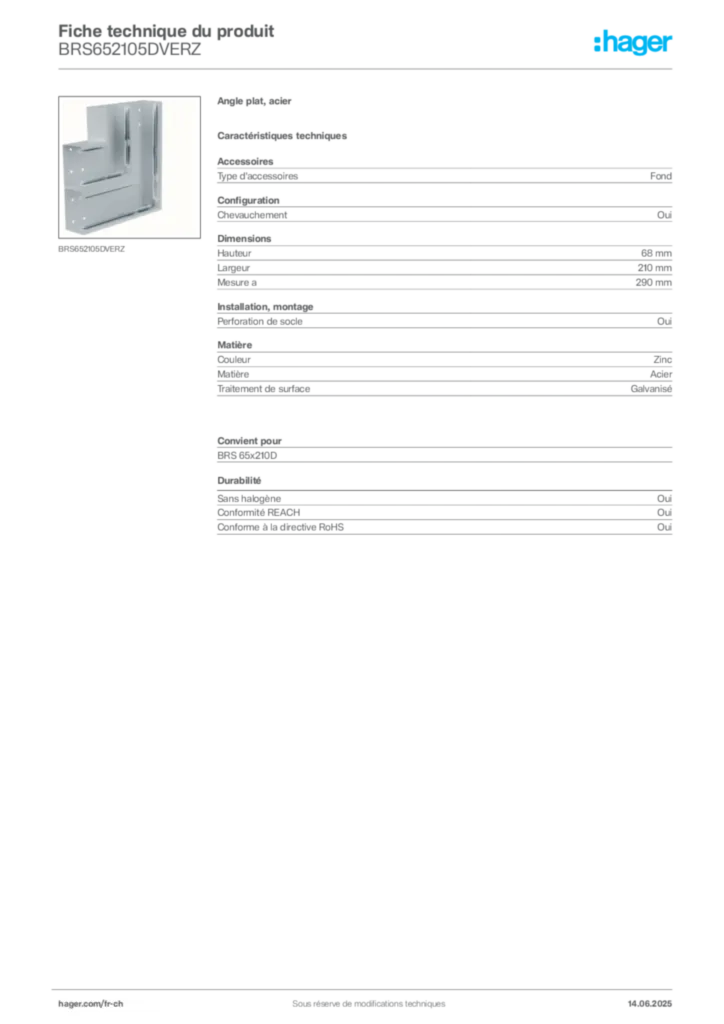 Image Hager Fiche technique du produit BRS652105DVERZ | Hager Suisse