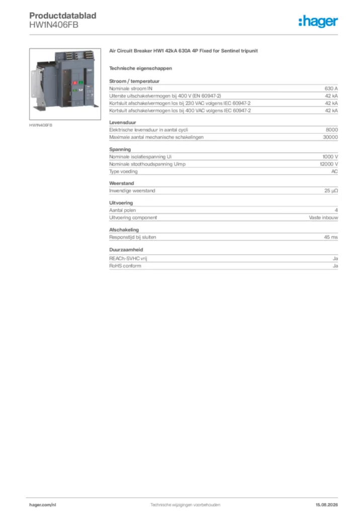 Afbeelding Hager Productdatablad HW1N406FB | Hager Nederland
