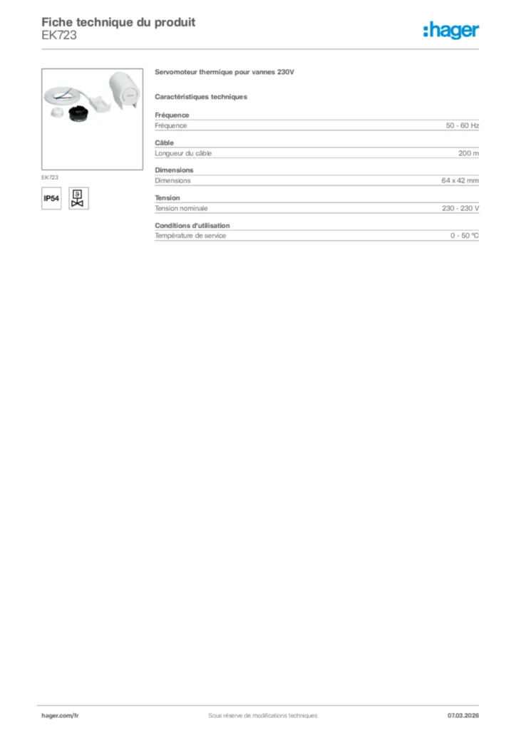 Image Hager Fiche technique du produit EK723 | Hager France