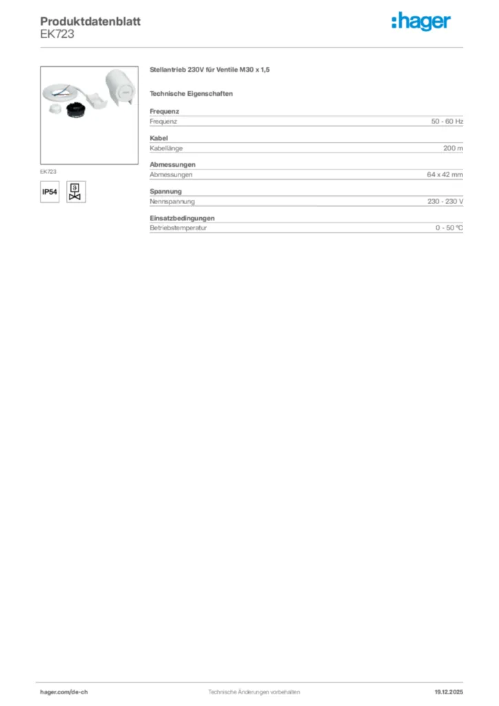 Bild Hager Produktdatenblatt EK723 | Hager Schweiz