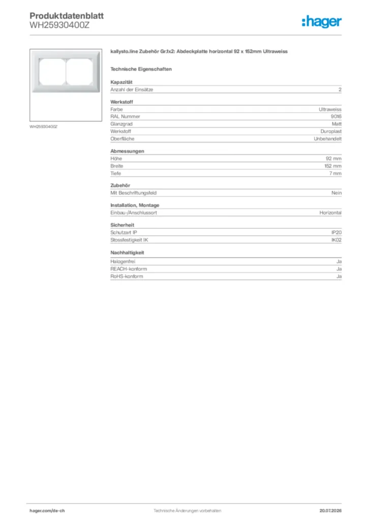 Bild Hager Produktdatenblatt WH25930400Z | Hager Schweiz