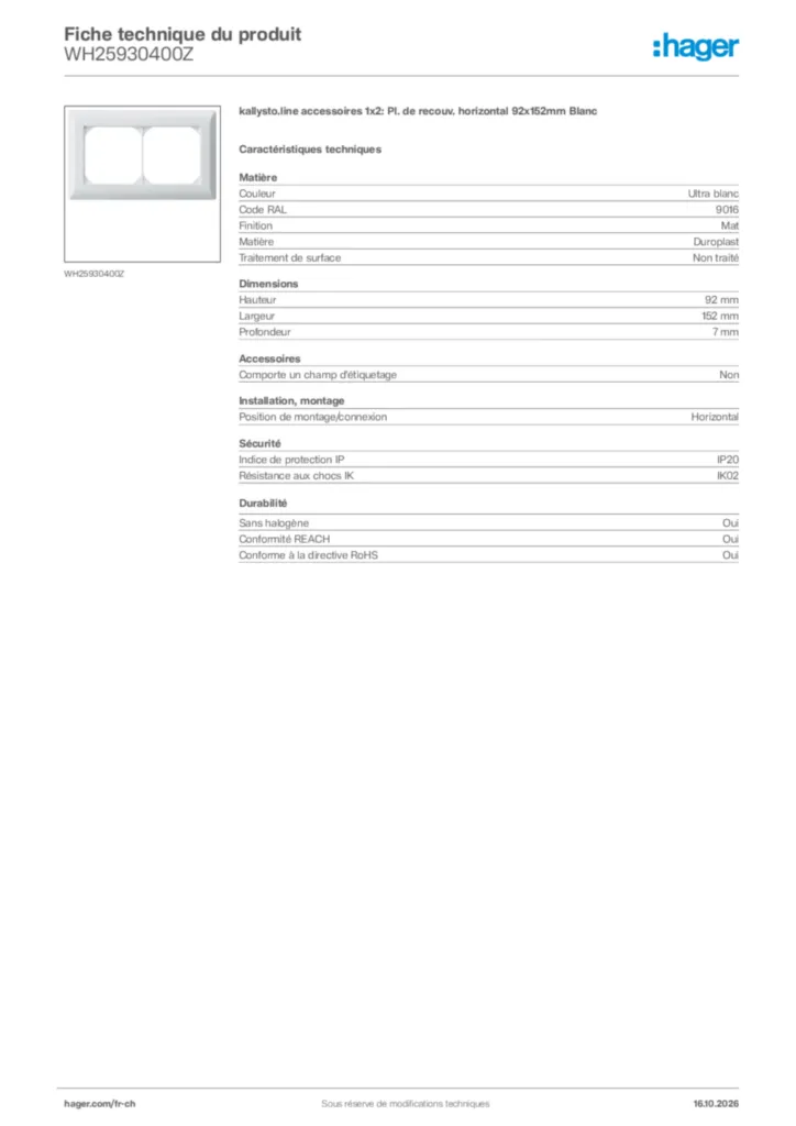 Image Hager Fiche technique du produit WH25930400Z | Hager Suisse