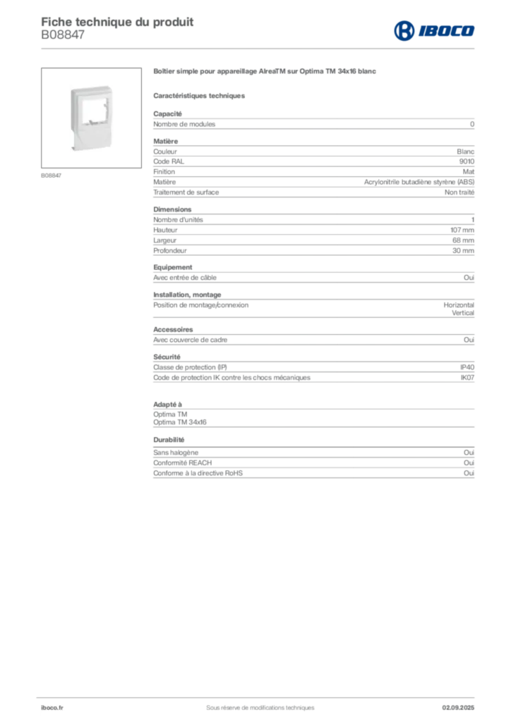 Image Iboco Fiche technique du produit B08847 | Hager France