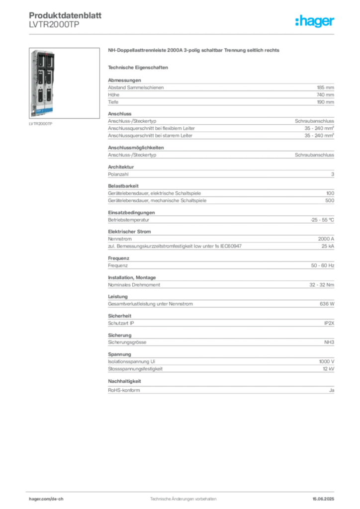 Bild Hager Produktdatenblatt LVTR2000TP | Hager Schweiz