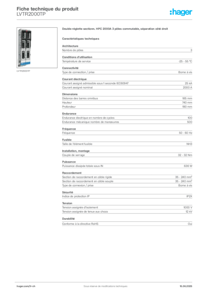 Image Hager Fiche technique du produit LVTR2000TP | Hager Suisse