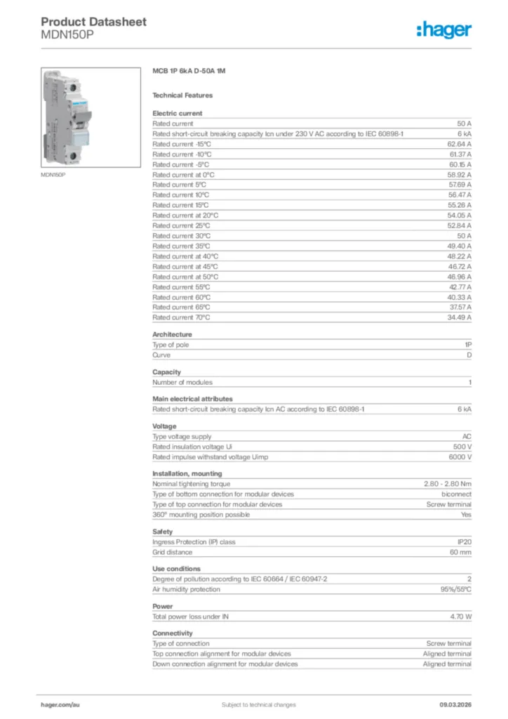 Image Hager Product data sheet MDN150P  | Hager Australia