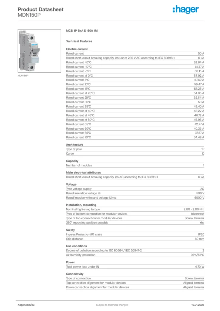 Image Hager Product data sheet MDN150P  | Hager Australia