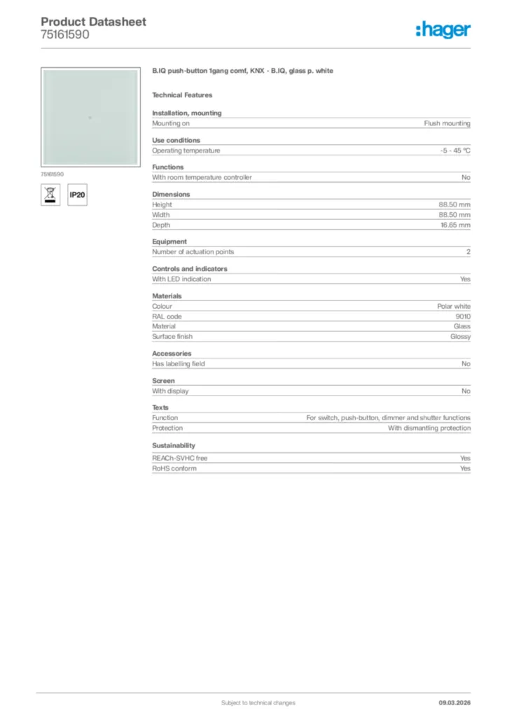 Image Hager Product data sheet 75161590  | Hager Africa