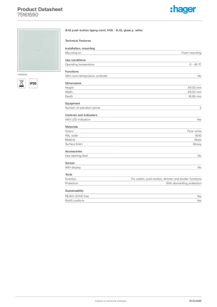 Image Hager Product data sheet 75161590  | Hager Africa