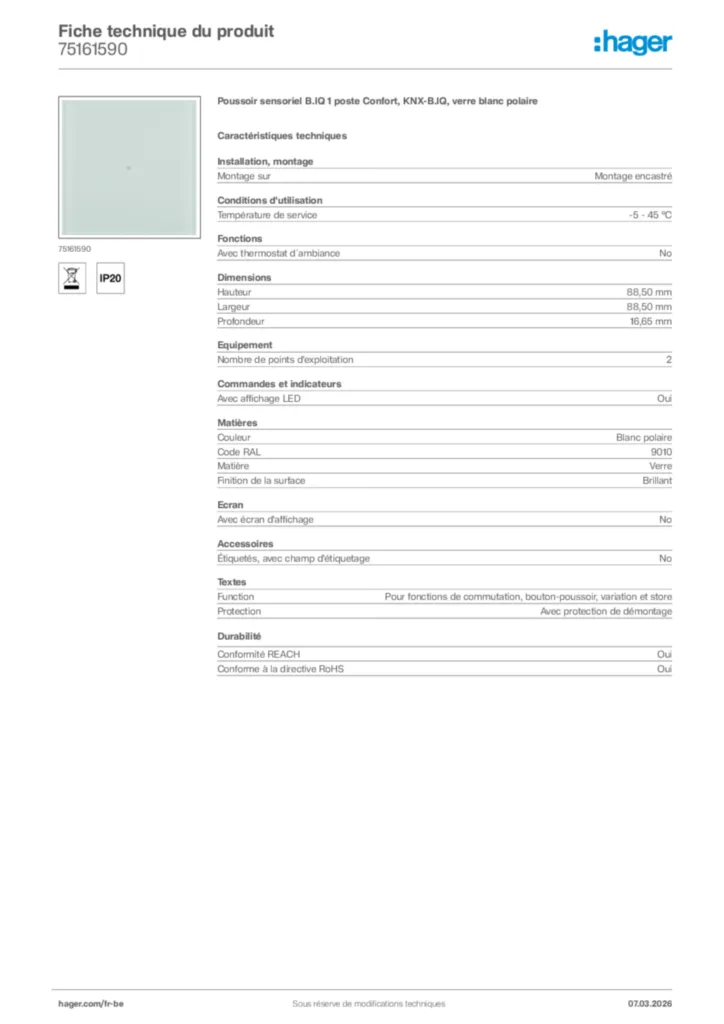 Image Hager Fiche technique du produit 75161590 | Hager Belgique