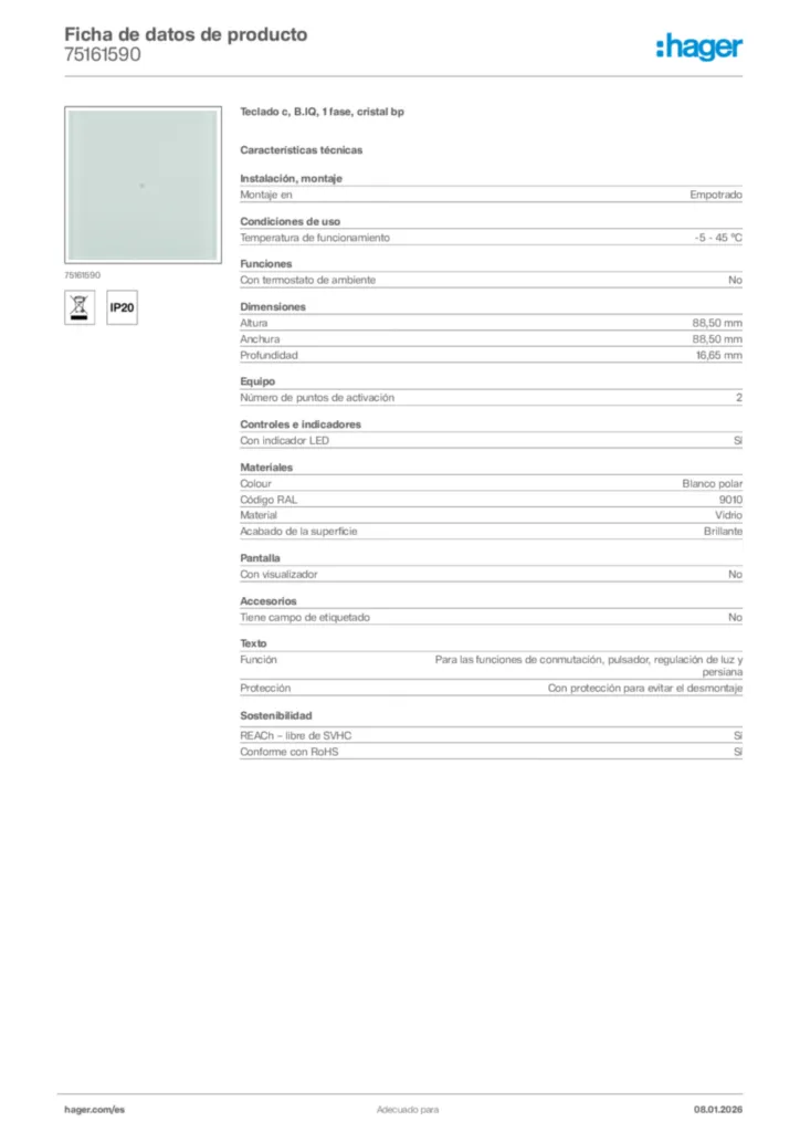 Imagen Hager Ficha de datos de producto 75161590 | Hager España