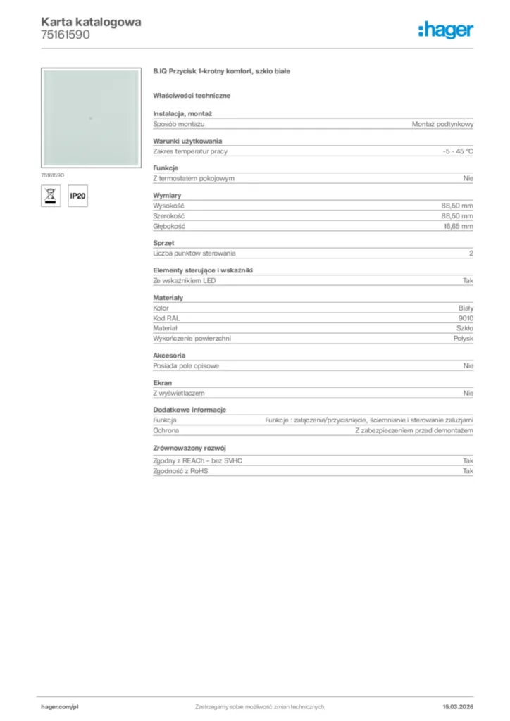 Zdjęcie Hager Karta katalogowa 75161590 | Hager Polska