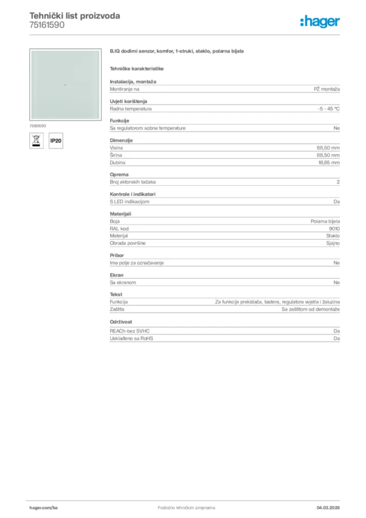 Slika Hager Tehnički list proizvoda 75161590  | Hager