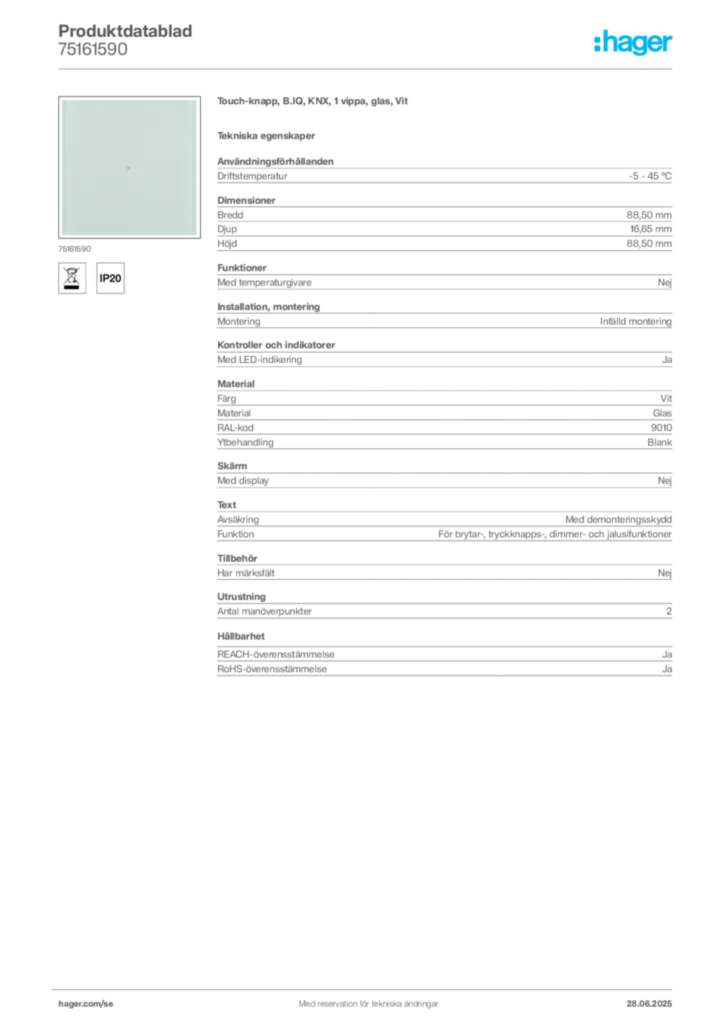 Bild Hager Produktdatablad 75161590 | Hager Sverige