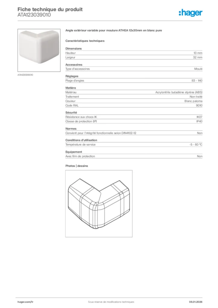 Image Hager Fiche technique du produit ATA123039010 | Hager France