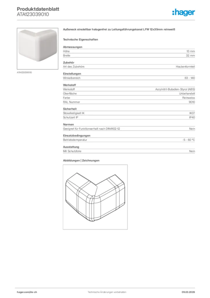 Bild Hager Produktdatenblatt ATA123039010 | Hager Schweiz