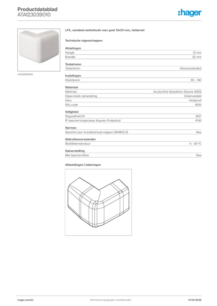 Afbeelding Hager Productdatablad ATA123039010 | Hager Nederland