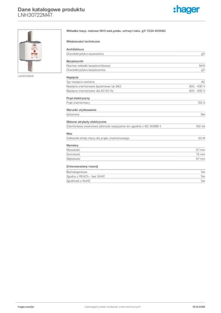 Zdjęcie Hager Karta katalogowa LNH30722M4T | Hager Polska