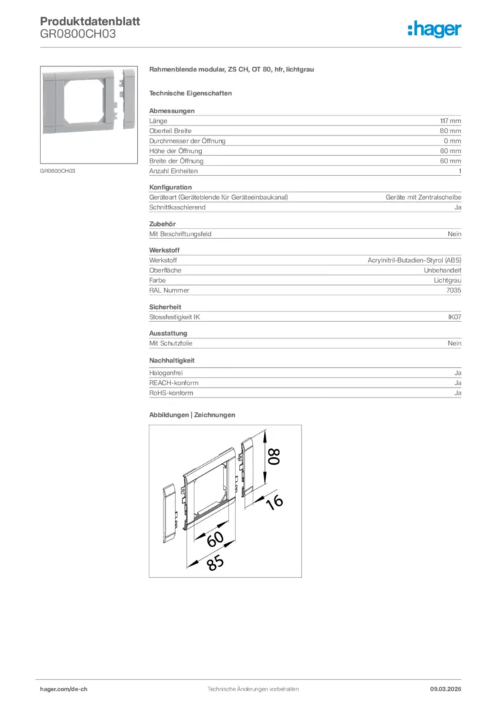 Bild Hager Produktdatenblatt GR0800CH03 | Hager Schweiz