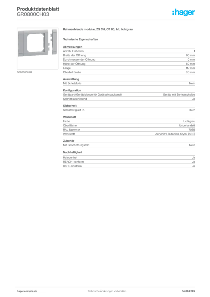 Bild Hager Produktdatenblatt GR0800CH03 | Hager Schweiz