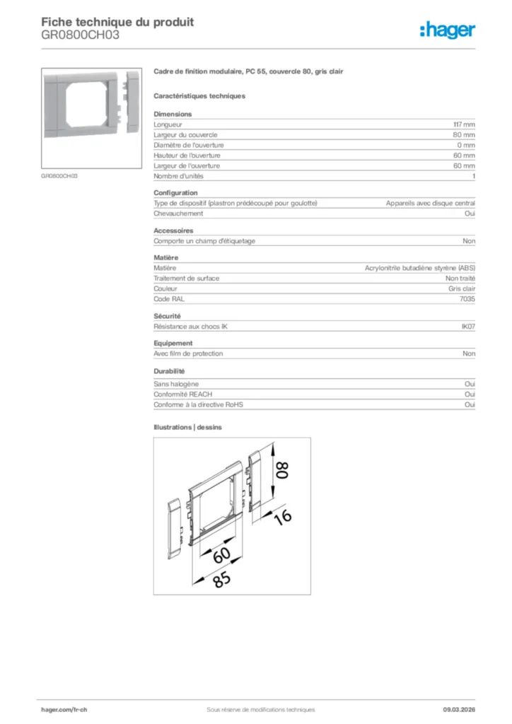 Image Hager Fiche technique du produit GR0800CH03 | Hager Suisse