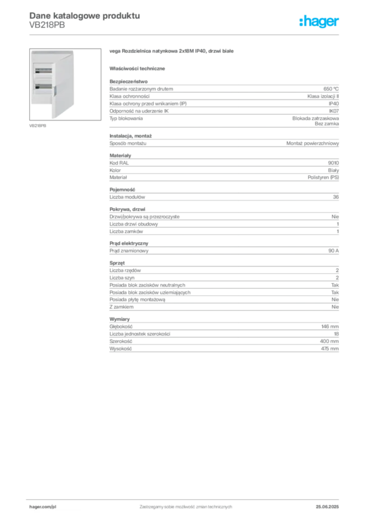 Zdjęcie Hager Karta katalogowa VB218PB | Hager Polska