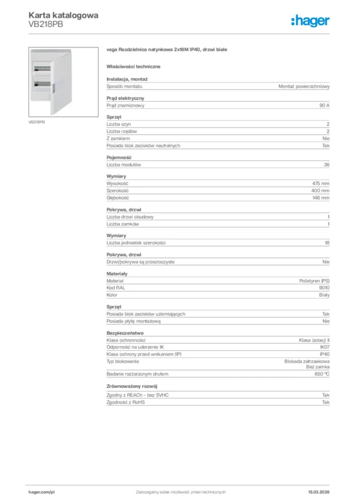 Zdjęcie Hager Karta katalogowa VB218PB | Hager Polska