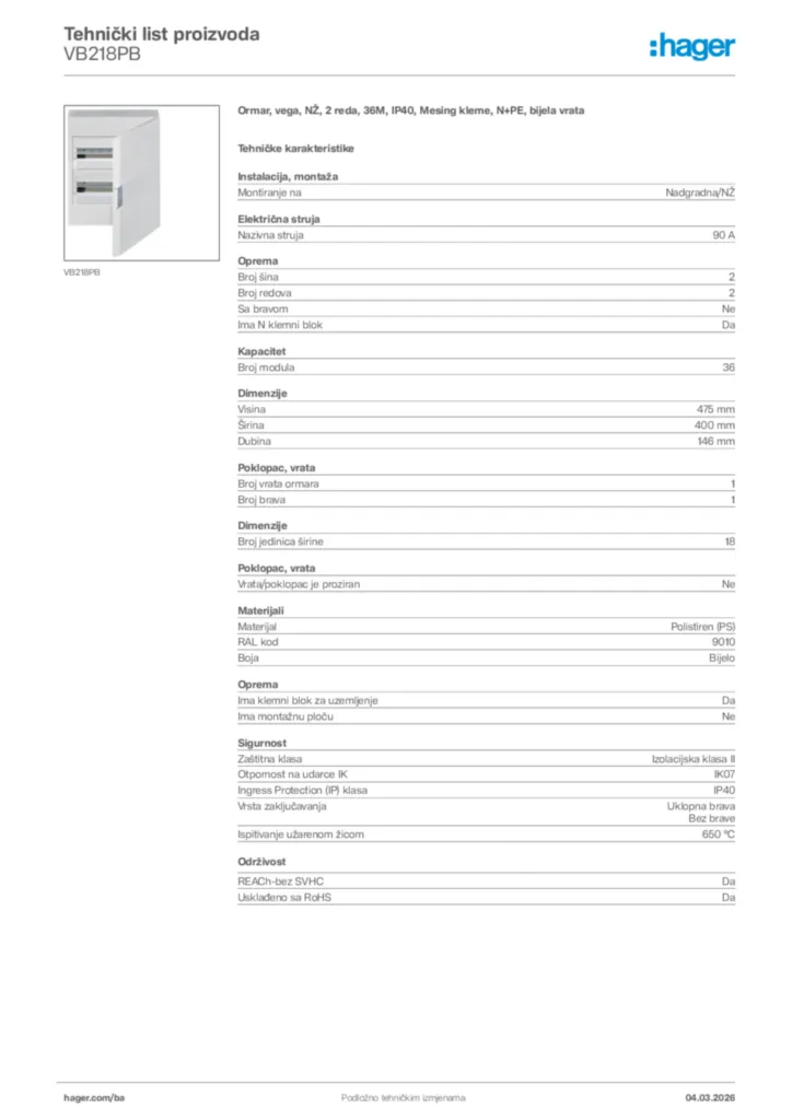 Slika Hager Tehnički list proizvoda VB218PB  | Hager