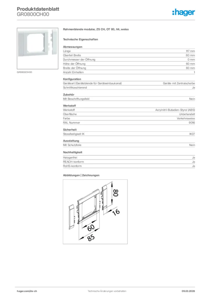 Bild Hager Produktdatenblatt GR0800CH00 | Hager Schweiz