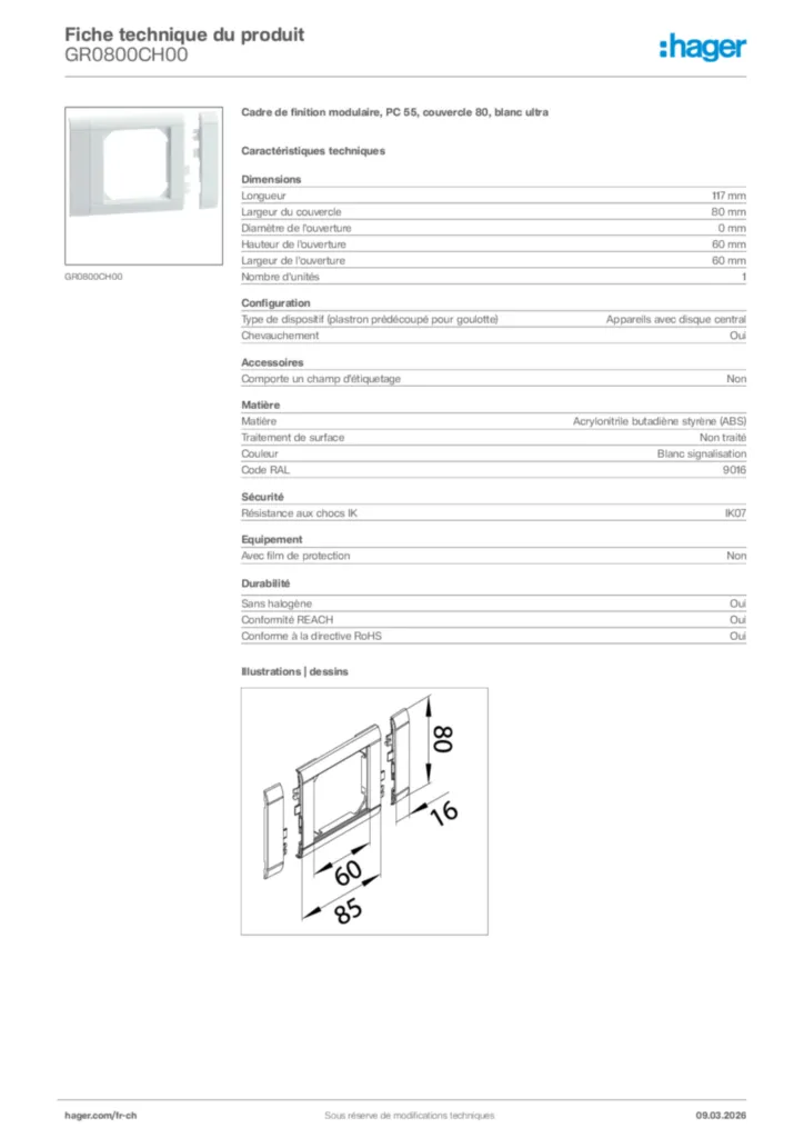 Image Hager Fiche technique du produit GR0800CH00 | Hager Suisse