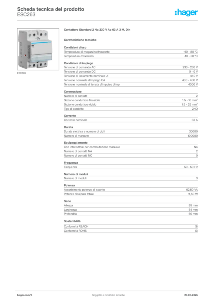 Immagine Hager Scheda tecnica del prodotto ESC263 | Hager Italia