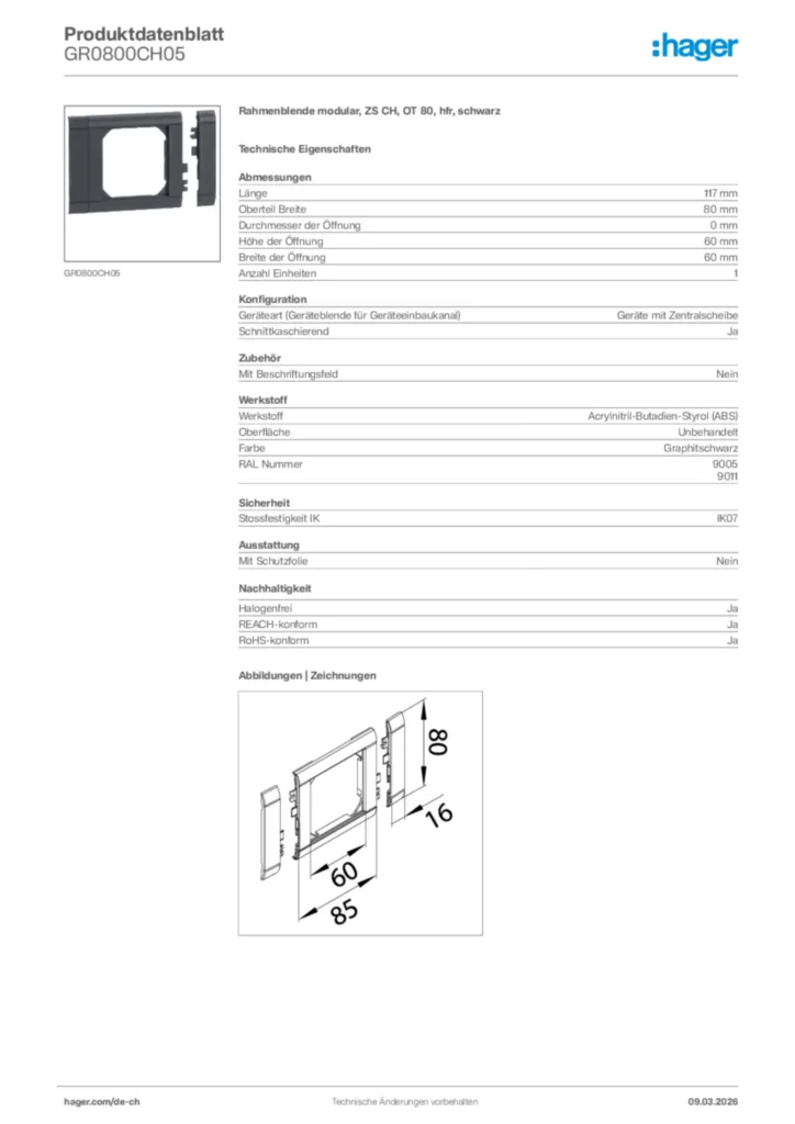 Bild Hager Produktdatenblatt GR0800CH05 | Hager Schweiz