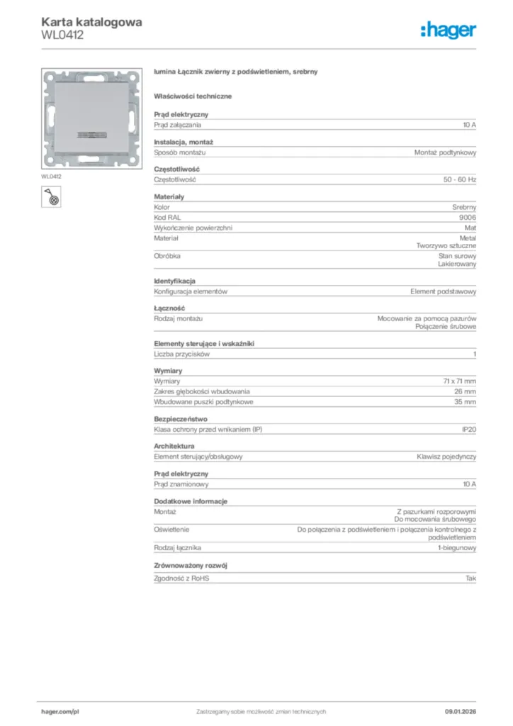 Zdjęcie Hager Karta katalogowa WL0412 | Hager Polska