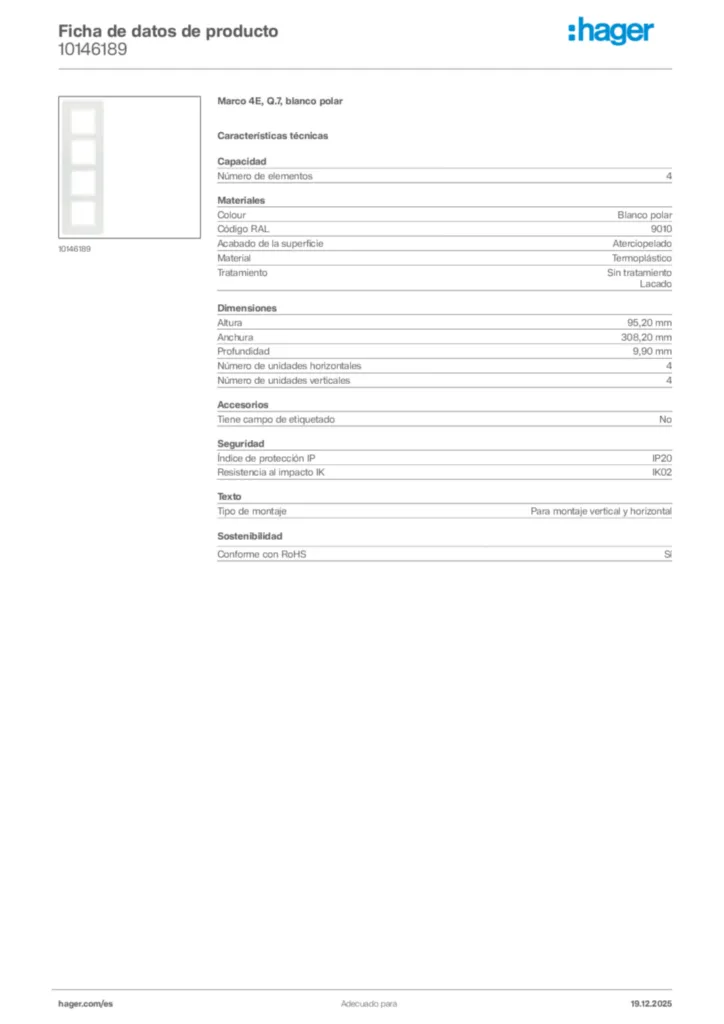 Imagen Hager Ficha de datos de producto 10146189 | Hager España