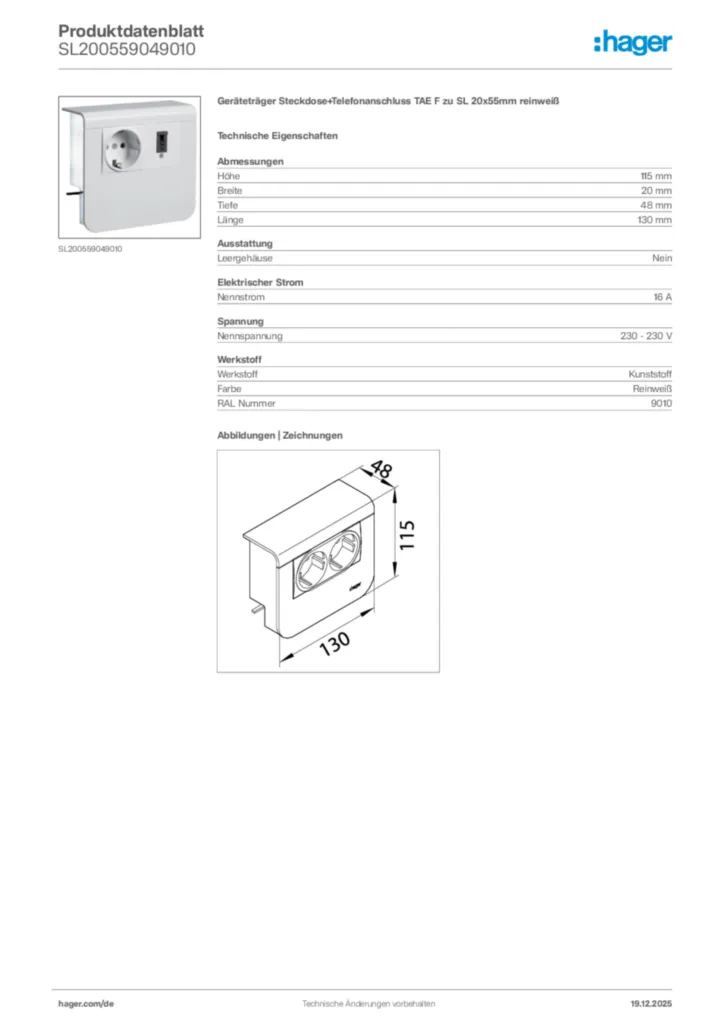 Bild Hager Produktdatenblatt SL200559049010 | Hager Deutschland