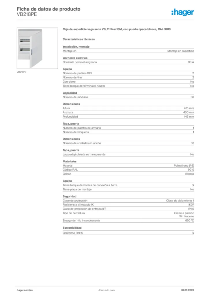 Imagen Hager Ficha de datos de producto VB218PE | Hager España