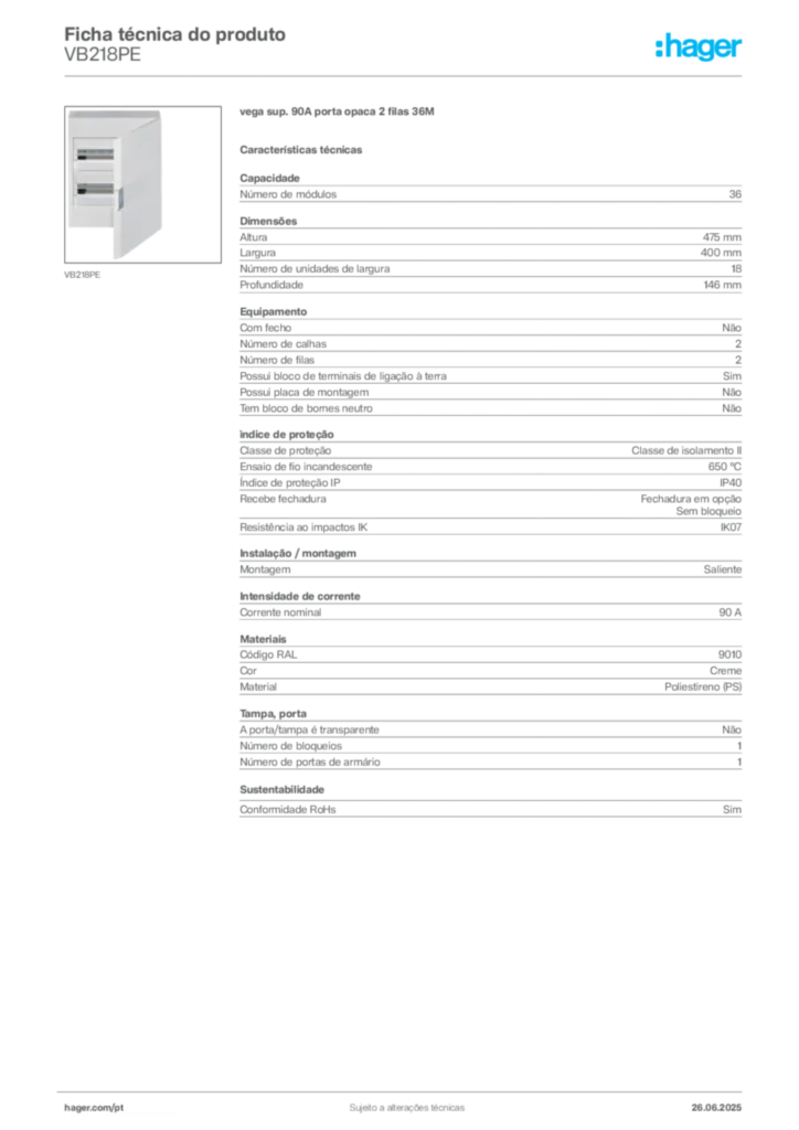 Imagem Hager Ficha técnica do produto VB218PE | Hager Portugal