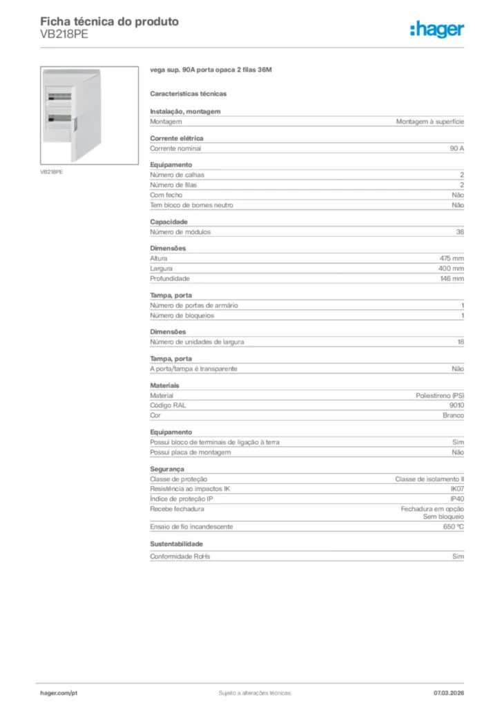 Imagem Hager Ficha técnica do produto VB218PE | Hager Portugal