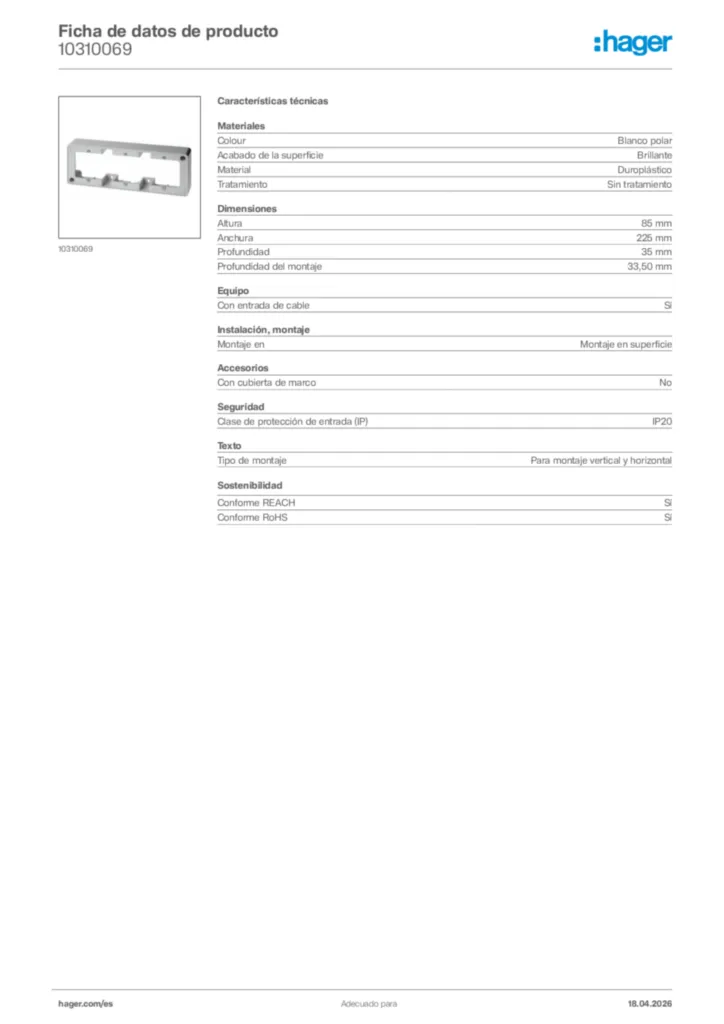 Imagen Hager Ficha de datos de producto 10310069 | Hager España