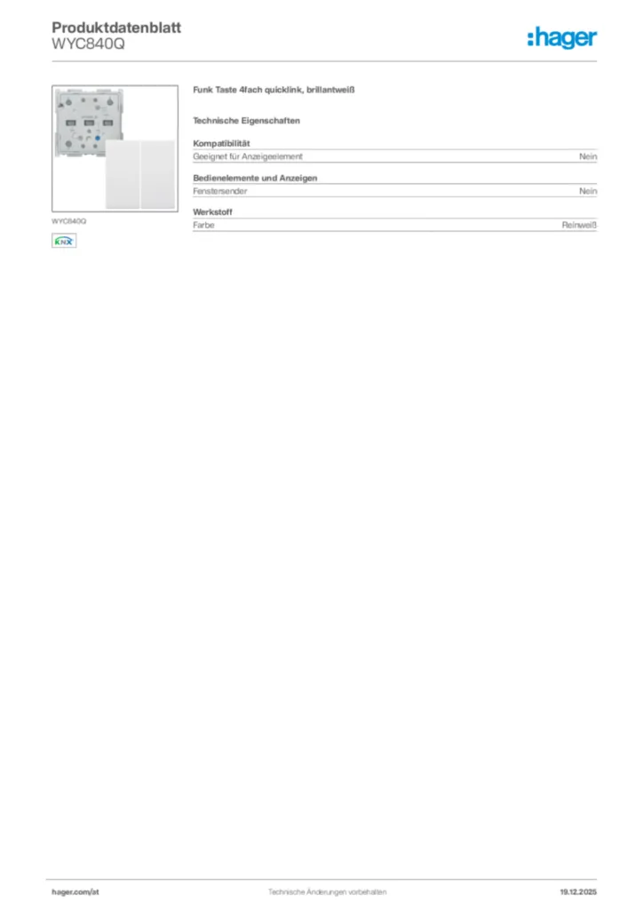 Bild Hager Produktdatenblatt WYC840Q | Hager Deutschland