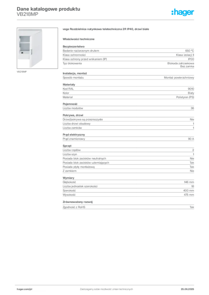 Zdjęcie Hager Karta katalogowa VB218MP | Hager Polska