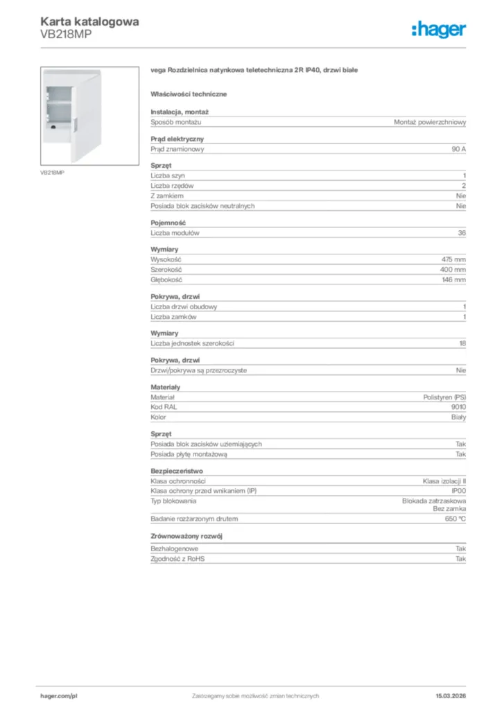 Zdjęcie Hager Karta katalogowa VB218MP | Hager Polska