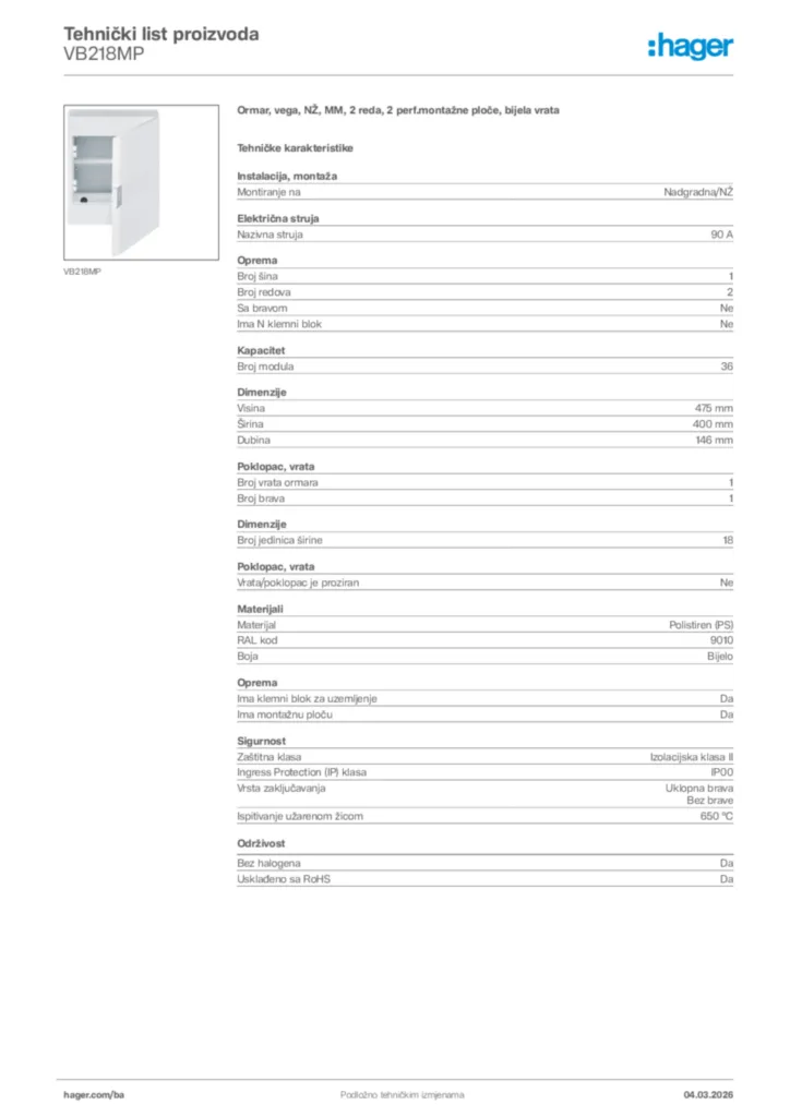 Slika Hager Tehnički list proizvoda VB218MP  | Hager