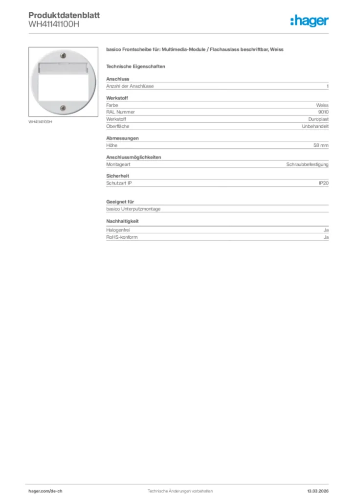 Bild Hager Produktdatenblatt WH41141100H | Hager Schweiz