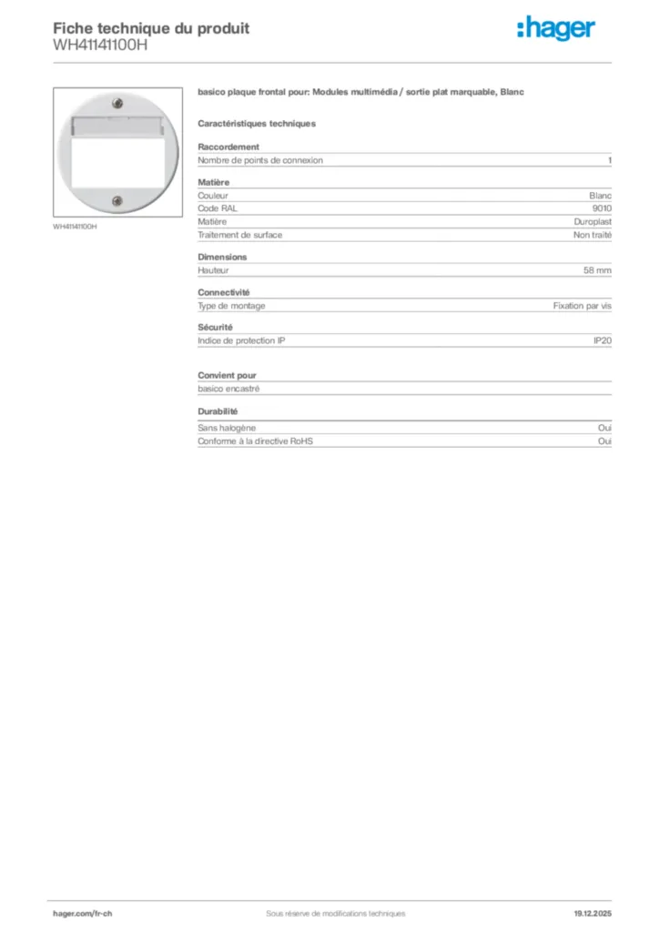 Image Hager Fiche technique du produit WH41141100H | Hager Suisse
