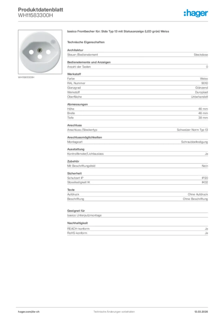 Bild Hager Produktdatenblatt WH11583300H | Hager Schweiz