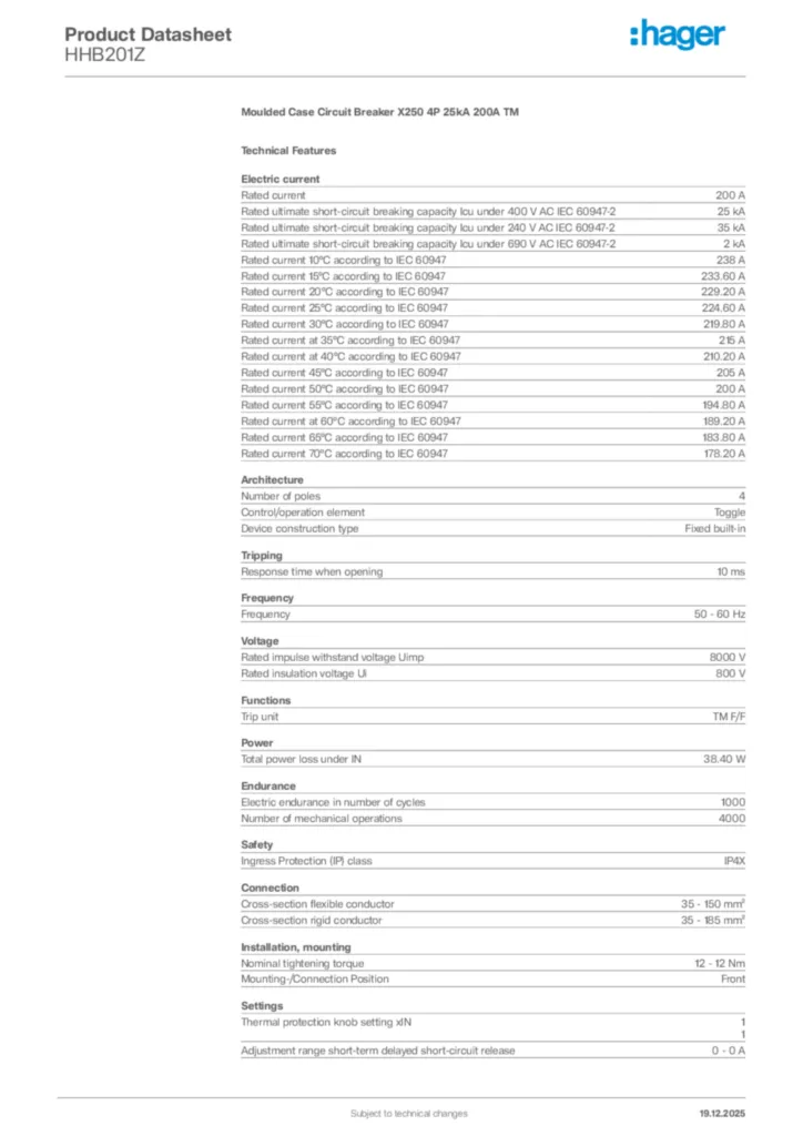 Image Hager Product data sheet HHB201Z  | Hager