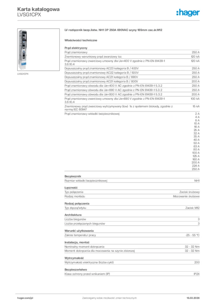 Zdjęcie Hager Karta katalogowa LVSG1CPX | Hager Polska