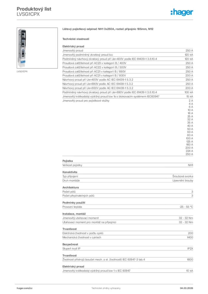 Obrázek Hager Product data sheet LVSG1CPX | Hager