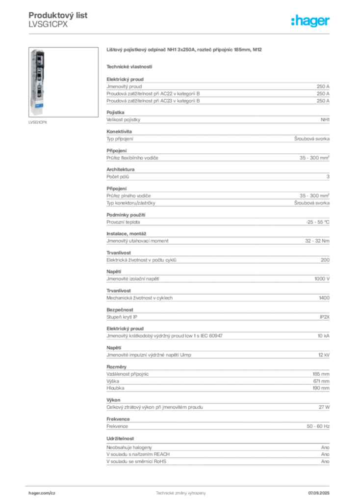 Obrázek Hager Produktový list LVSG1CPX | Hager